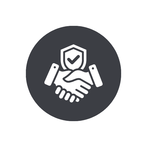 Icon with two hands shaking inside a dark circle, symbolizing trust and partnership in tree services Lehigh County. Above the hands is a shield with a check mark, indicating security and reliability like expertly handled stump grinding or removal.